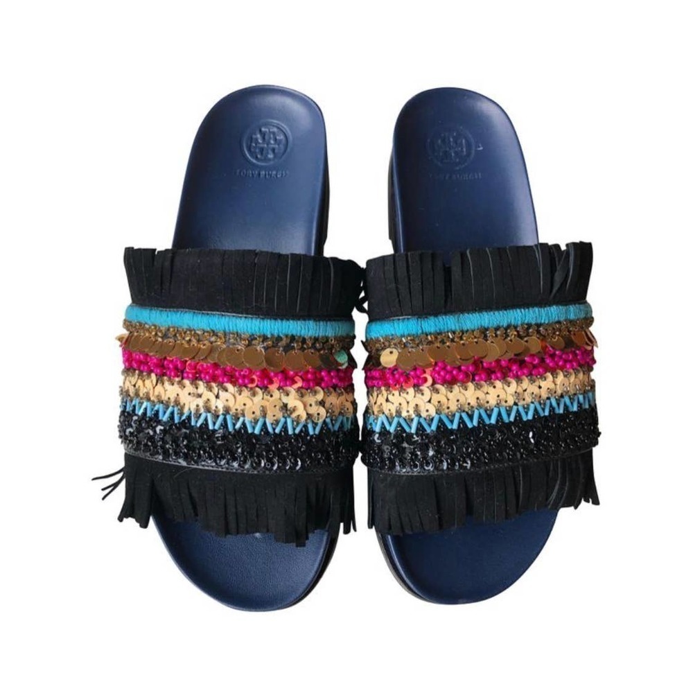 Tory Burch Isle Beaded Fringe Flat Slide Sandals